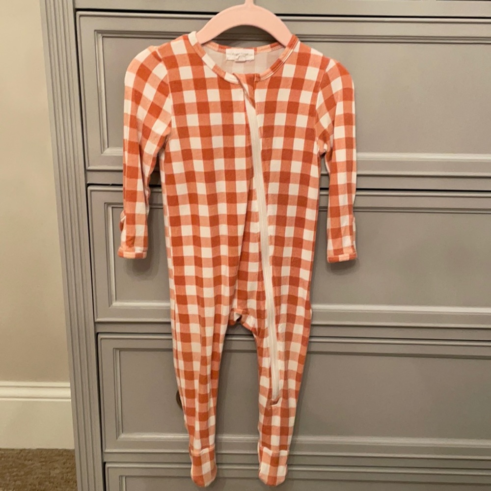 Angel Dear Footed Onesie, Orange Gingham